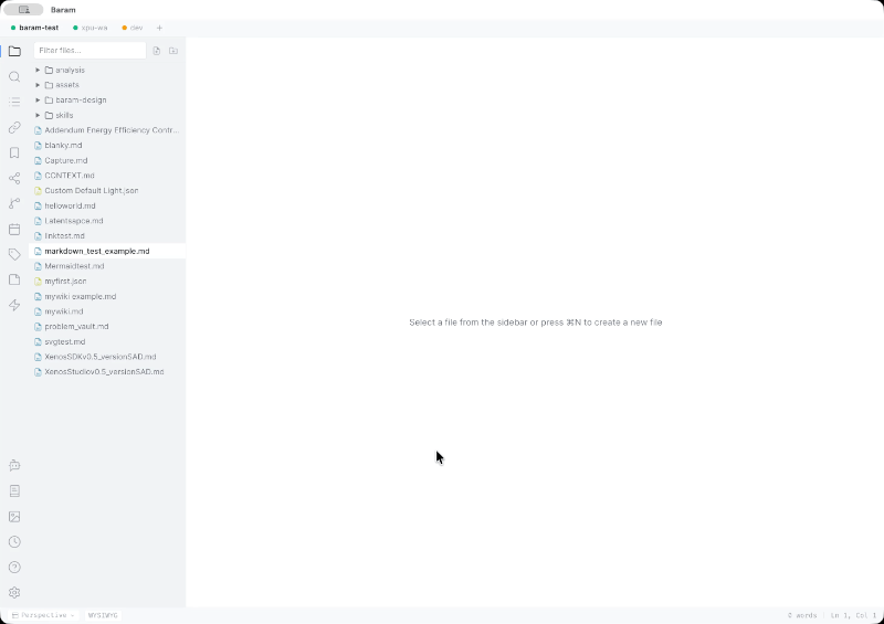 Baram live editing demo — markdown syntax disappearing as you type